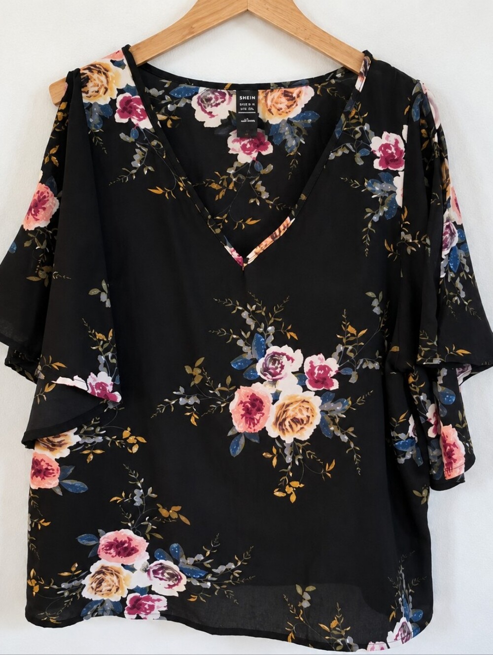•Shein Black Floral Cold-Shoulder V-Neck Top